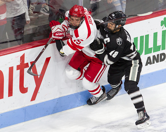 Shane Bowers (BU - 15), Jacob Bryson (PC - 18) - The visiting Providence College Friars defeated the Boston University Terriers 5-0 on Friday, October 26, 2018, at Agganis Arena in Boston, Massachusetts. - The visiting Providence College Friars defeated the Boston University Terriers 5-0 on Friday, October 26, 2018, at Agganis Arena in Boston, Massachusetts. (Melissa Wade)